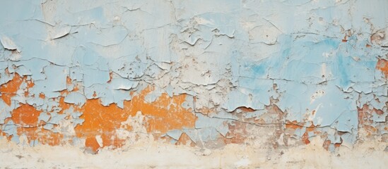 A closeup photo of a wall with peeling blue and orange paint, resembling a fluid natural landscape painting in the sky