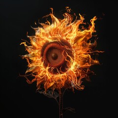 Sunflower Made of Flames and Fire, Isolated on Black. An Illustration made in part with  Generative AI.
