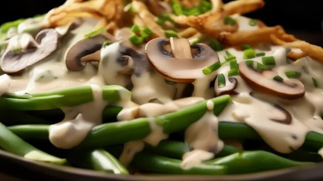A closeup shot featuring a delectable green bean casserole where perfectly cooked, slender green beans are surrounded by a luscious, homemade mushroom b chamel sauce, adorned with hints