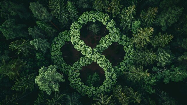 An indoor photograph depicting an infinity symbol created from trees, captured from a top-down perspective