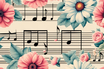 Seamless pattern with collage of musical notes, butterflies and flowers in retro style. - 758588075