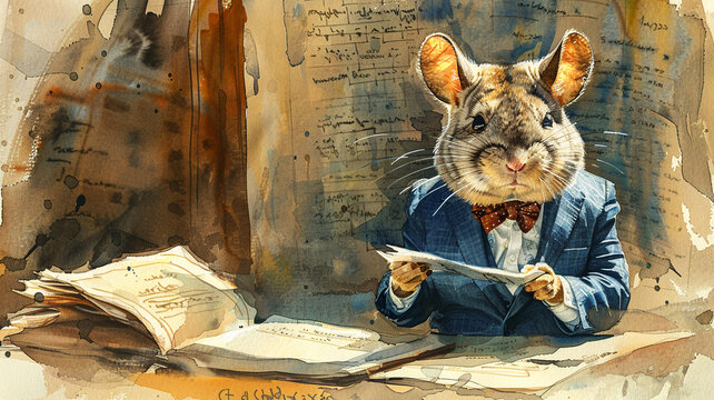 watercolor Business-suited chinchilla fluffily navigating the soft and hard edges of the stock market