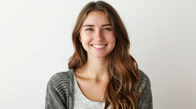 An approachable young woman with a warm smile wearing a cardigan poses against a white background