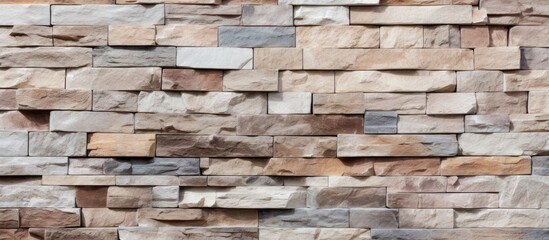 A detailed closeup image of a stone wall with a brick pattern, showcasing the beauty of natural building materials in beige and brown tones