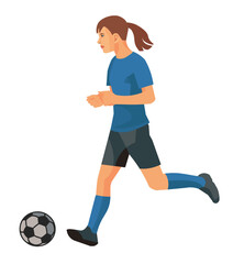 Young girl figure of a school women's football player in blue sports equipment in profile runs after the ball