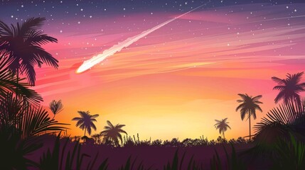 Fototapeta na wymiar A captivating digital illustration showcasing a shooting star plummeting over a tropical landscape at dusk.
