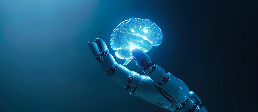 A robotic hand gently cradles a glowing brain with the shimmering neural network. The fusion of human intelligence with artificial intelligence. Generative AI.