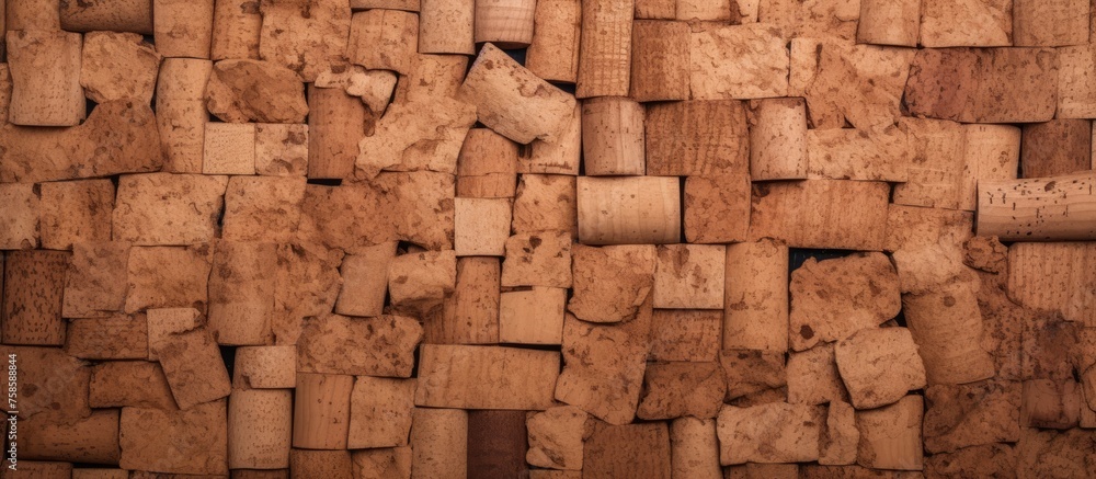 Poster a detailed image of a wall constructed with wooden blocks, showcasing intricate brickwork and ancien