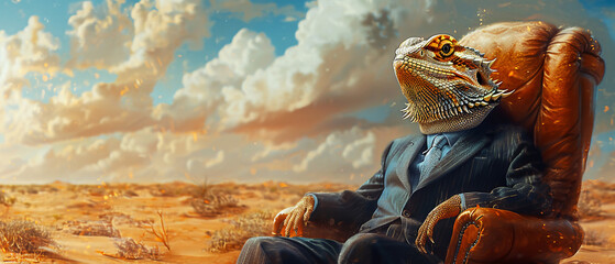 watercolor Whimsical bearded dragon in a suit basking in the glow of financial success