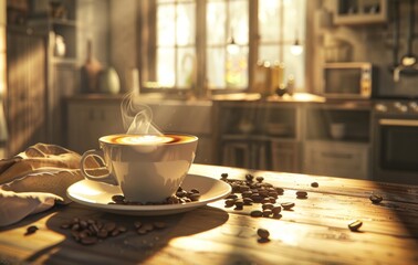 A steaming cup of coffee with latte art on a saucer decorated with coffee beans, on a rustic wooden table in a cozy kitchen setting