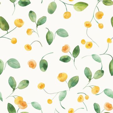 A whimsical watercolor seamless pattern, showcasing playful Lemon Drop yellow buds amidst vibrant greenery, ideal for spring-themed designs.
