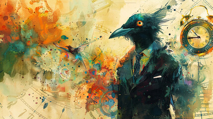 watercolor Whimsical cuckoo in a suit emerging to announce timely market insights