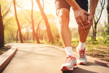 Runner Experiencing Knee Pain While Jogging on a Sunny Park Path, Health and Exercise Concept - obrazy, fototapety, plakaty
