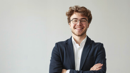 A handsome young man with glasses and a charismatic smile stands with arms crossed against a minimal backdrop - obrazy, fototapety, plakaty