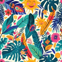 Fototapeta na wymiar An exuberant seamless pattern featuring playful suns nestled among tropical leaves and flowers, perfect for adding a cheerful touch to decor or apparel.