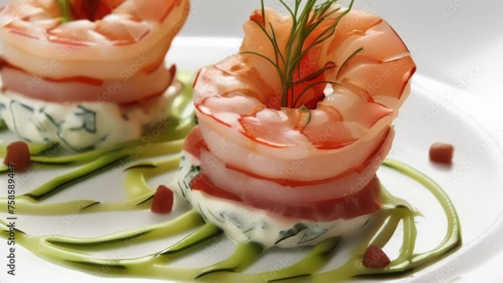 Poster a unique presentation showcases jumbo shrimp wrapped in delicate strands of crispy bacon, accompanie