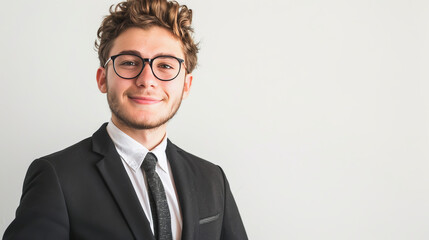 A young man with curly hair and glasses, dressed in a formal suit, confidently smiling in a studio setting