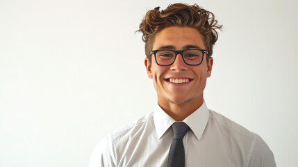 A trendy young man in formal wear with glasses, smiling confidently against a plain backdrop