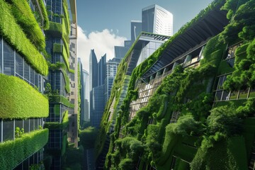 Obraz premium Urban architecture revolutionized with vertical gardens covering building exteriors, offering a fresh perspective on sustainable urban living.