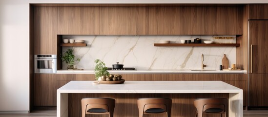 modern kitchen with brown and white cabinets and gold faucet - obrazy, fototapety, plakaty
