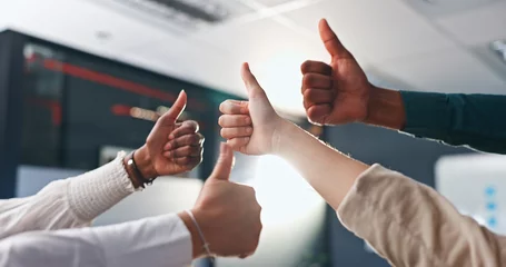 Gardinen Hands, thumbs up and group of business people for success, agreement or deal achievement at office. Teamwork, yes sign and OK emoji for winning, synergy or solidarity at startup with employee support © peopleimages.com