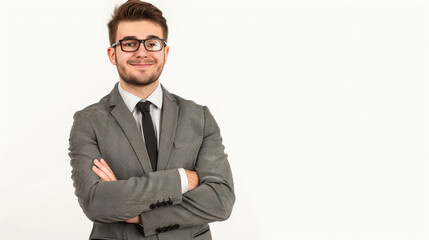 Young professional man with glasses, confidently smiling with arms crossed against a white backdrop