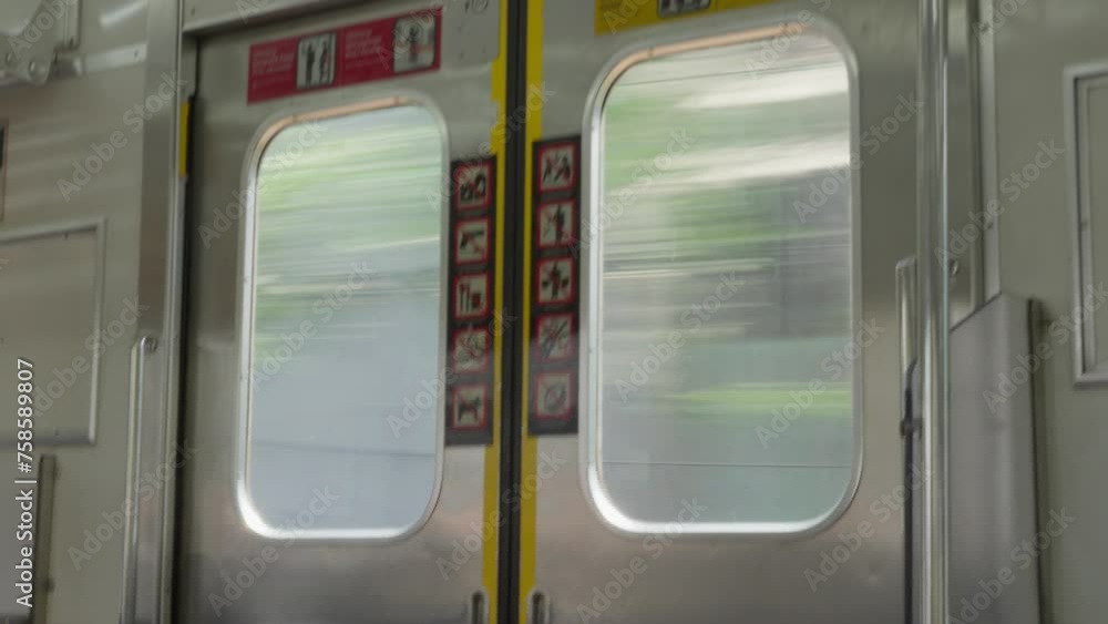 Poster Blurry trees pass by a train window, captured with a slow shutter for motion effect, daylight visible