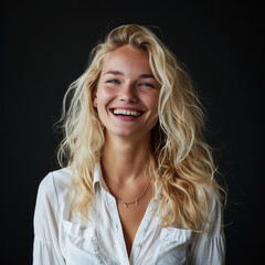 Casual portrait of a blonde woman laughing, wearing a white shirt, set against a black background