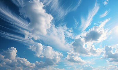 Blue sky with white clouds, long cirrus clouds,  cirrostratus, sunny day, fair weather, bright daylight, sky with few clouds, sky gradient, sky background, Generative AI 