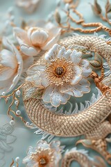 Obraz premium Chinese embroidery, Art of Chinese dragon and peony, Fritillaria,bead piece, gold thread pinch silk, in the style of light pink and gold, light white and dark azure, gossamer fabrics, 
