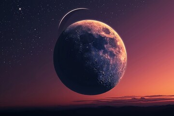 moon at sunset, purple sky, stars, earth satellite, cosmos, space, night, moon in the sky,...