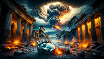 Volcano Erupting Over Roman Greek City Below Fantasy Concept, Explosion of volcano, Pompeii - obrazy, fototapety, plakaty
