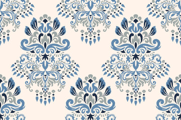 Damask Ikat floral seamless pattern on white background vector illustration.ink on cloth concept,fashion women fabric.