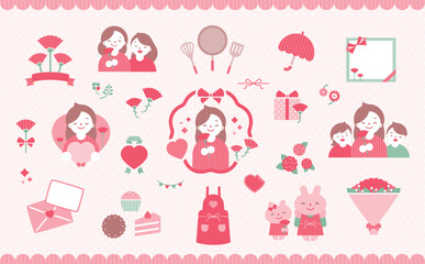 家族や親子など人物とカーネーションやギフト・リボンフレームをセットにした母の日のシンプルかわいいイラスト素材_文字なし・ピンク