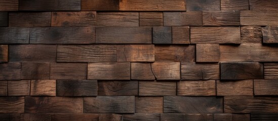 A close up of a brown rectangular wooden wall made of hardwood blocks, resembling brickwork pattern with wood stain. A unique building material for flooring