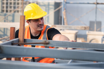 Worker engineer caucasian worker working at construction site	 - 758590894
