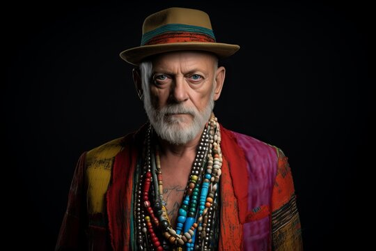 Portrait of an old hippie man with hat and colorful clothes on a dark background.