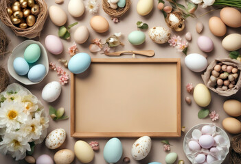 easter isolated empty photo bouquet vertical shes pastel concept beige celebration eggs Top cutlery background molds baking view Table Dish Food Brunch Restaurant - obrazy, fototapety, plakaty