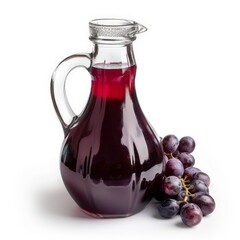 a glas jar filled with grape juice surrounded by red grapes on a white studio background