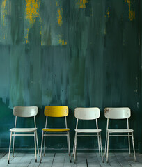 4 mid-century chairs in front of teal background