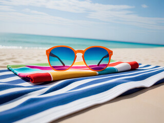 Sunglasses and Striped Blankets on White Sand Beach. Sunglasses and Colorful Blankets on Tropical Beach