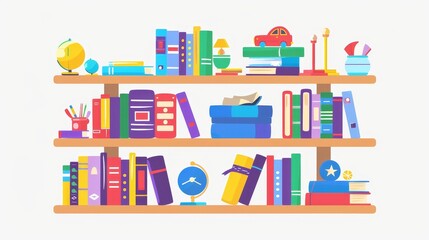 The bookshelf contains books for children. Fiction, encyclopedias, school textbooks for reading and education. Flat graphic modern illustration isolated on white.