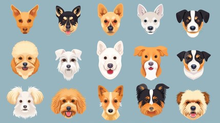 Cute dog faces set. Different canine breeds, puppies avatars. Happy corgi, German shepherd, Pomeranian Spitz, Sennenhund and Komondor muzzles. Flat modern illustrations.