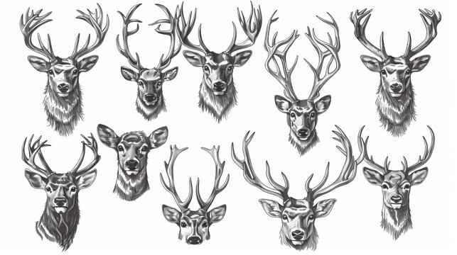 Detailed illustrations of reindeer, stag, buck with antlers, old woodcut etchings and engravings in retro style. Handdrawn modern illustration isolated on white.