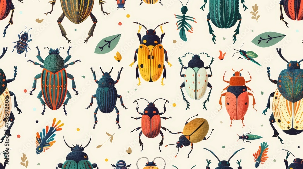 Poster embroidery design with beetles and bugs on a seamless background. repeating print on textile, fabric
