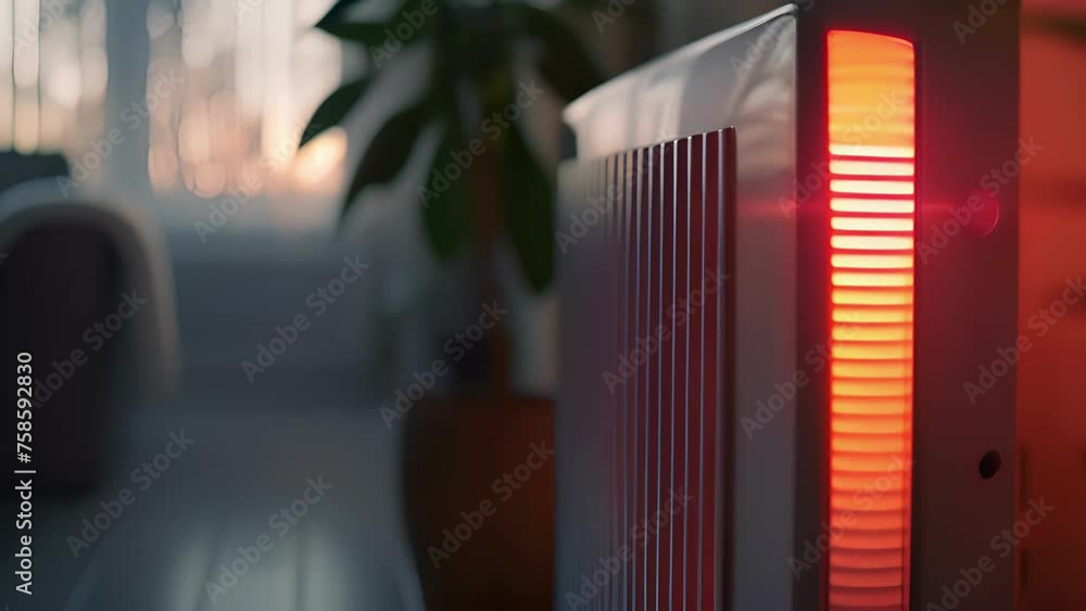 Aufkleber a panel heater in use with the red light indicator on and warm air visibly emanating from the top ve