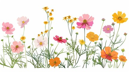 A delicate blossomed summer branch in blossom, a Cosmos flower. Flat modern illustration isolated on white.