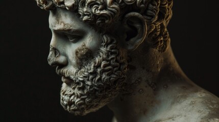 a close-up of an ancient greek sculptures face on dark background