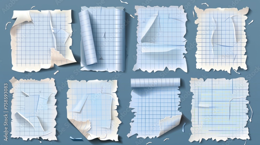 Poster torn paper sheets and scraps with square grid and striped pattern. old blank notepad and copybook pa