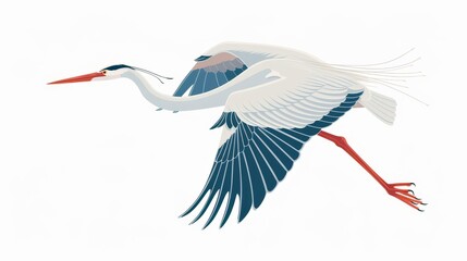Fototapeta premium A flying bird with a feathered crane and a heron. A wild egret with a long, red beak, flies with spreaded wings. Freedom concept. Modern illustration isolated on white background.